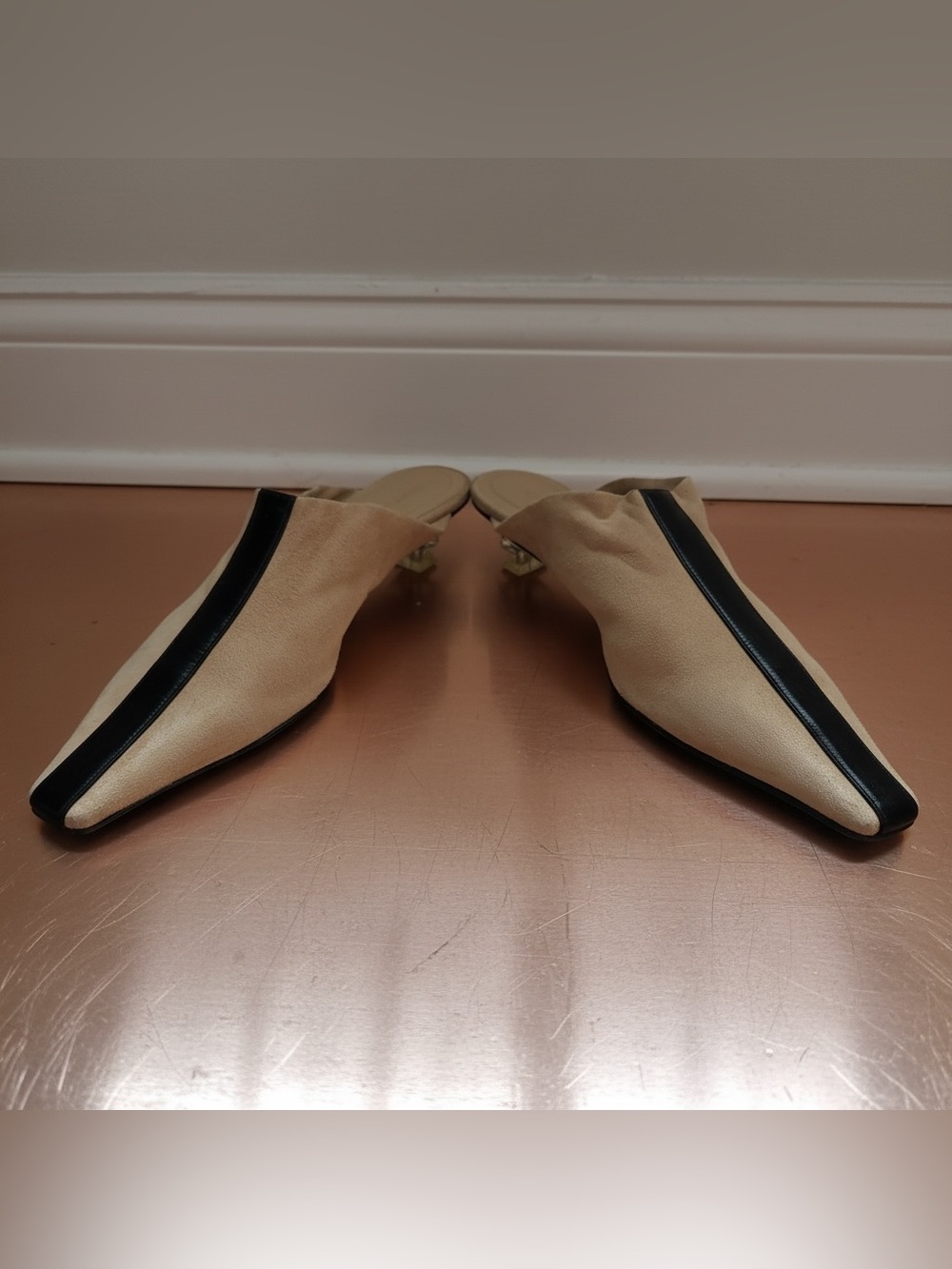 Celine Cream Pointed-Toe Slip-On Mules with Black Stripe